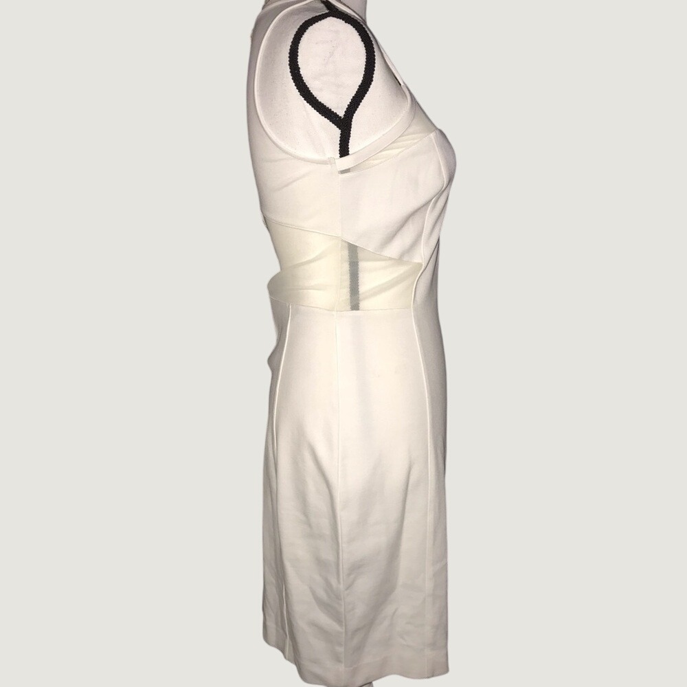Express Classic White Bodycon Sleepless Sheath Dress with Mesh Accent & Back Zip - Picture 8 of 13